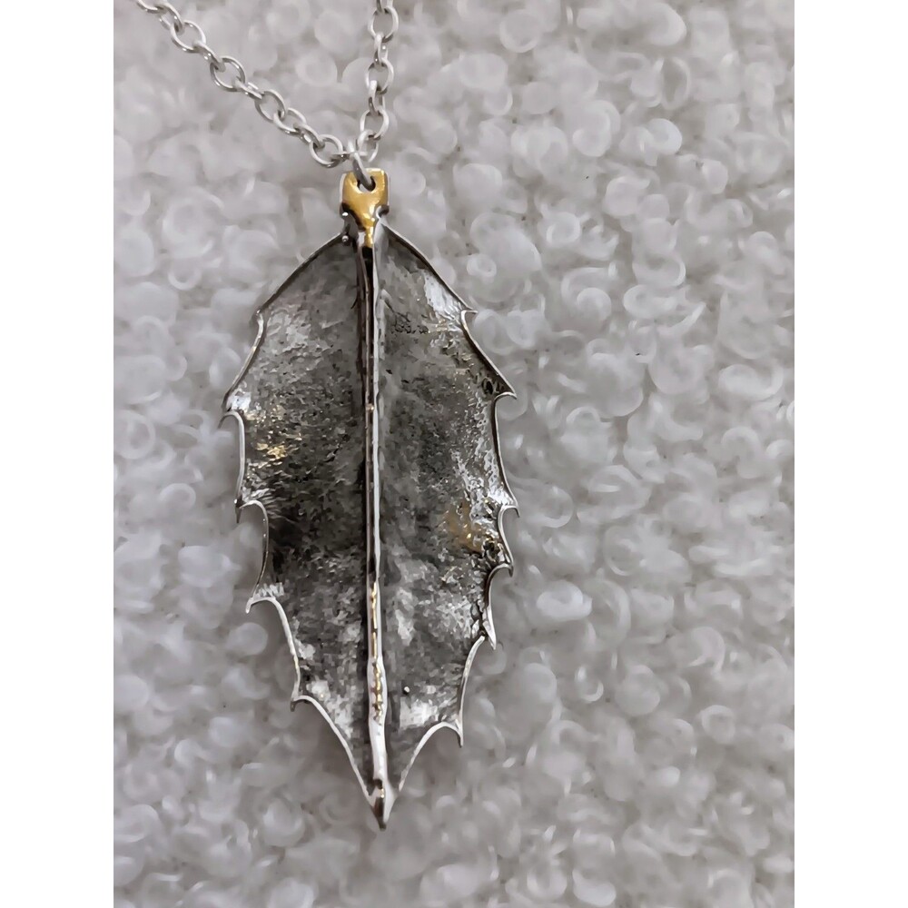 Vintage 925 Sterling Silver Real Holly Leaf Dipped Pendant Necklace 20 in/4.88g - Picture 7 of 9